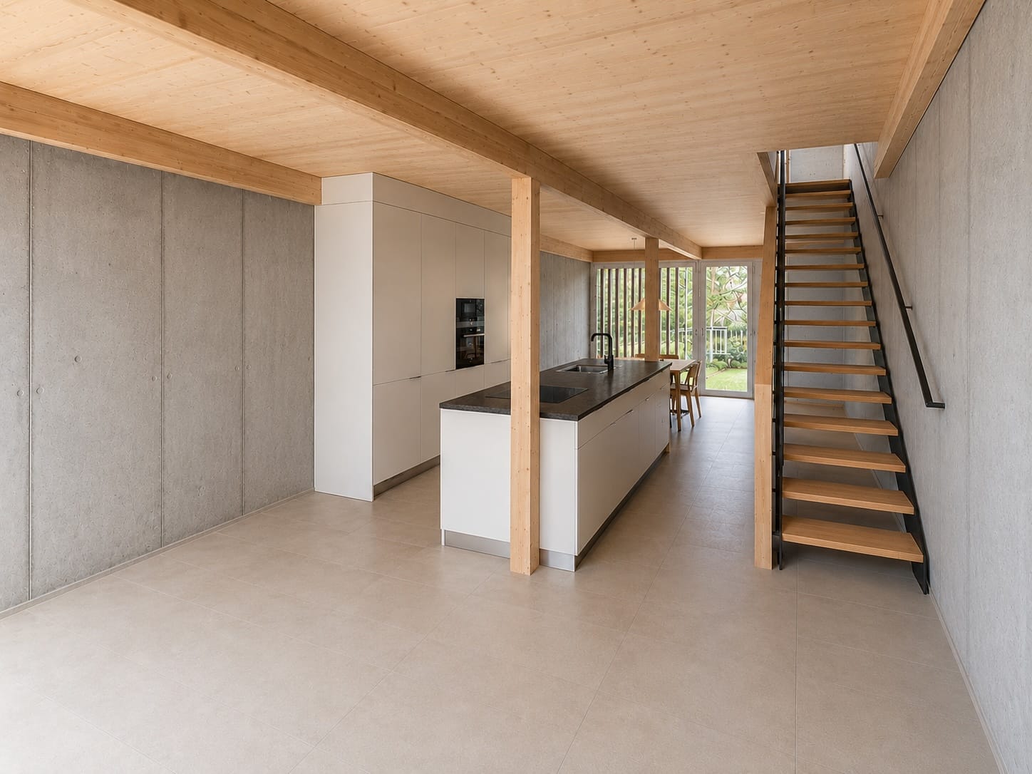 Heller moderner Wohnraum mit Kochinsel, Holzdecke und Treppe